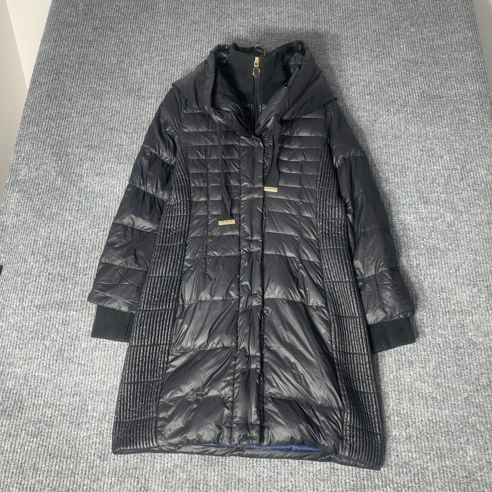 T‎ Tahari Puffer Coat Womens M Black Down Filled Longline Hooded Jacket